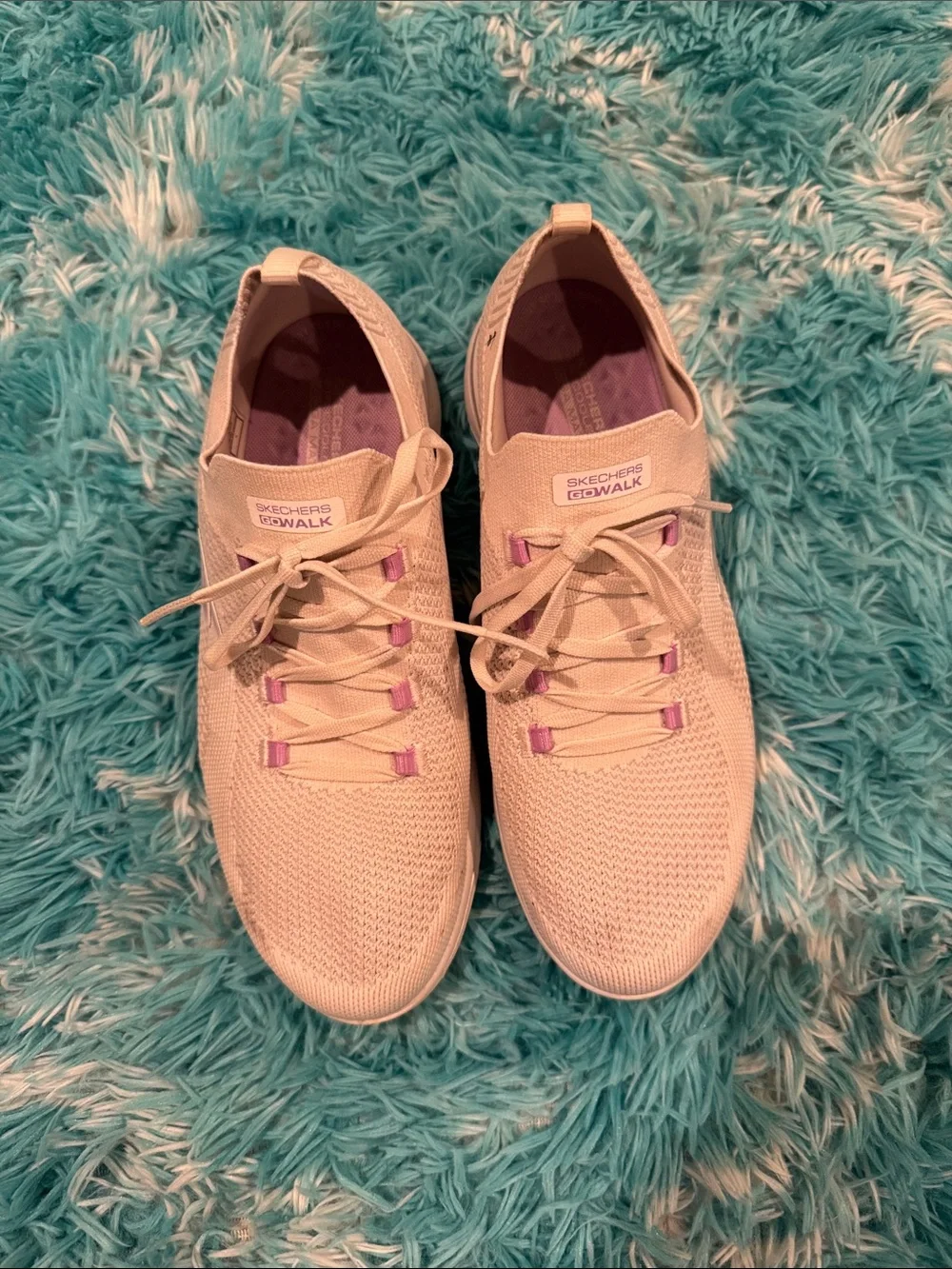 Skechers GOwalk Women's Cream Knit Lace-Up Sneakers with Purple Accents